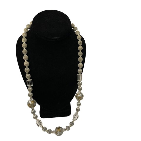Vintage Gold & Silver Tone Beaded Necklace With Art Glass Accents & Crystal-Like - Picture 5 of 7